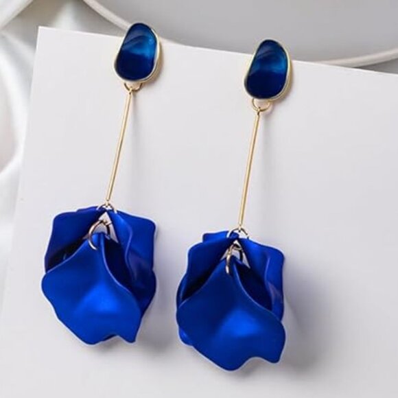 Petal Perfect Royal Blue Gold Bar Drop Dangle Statement Earrings NEW - Picture 1 of 9